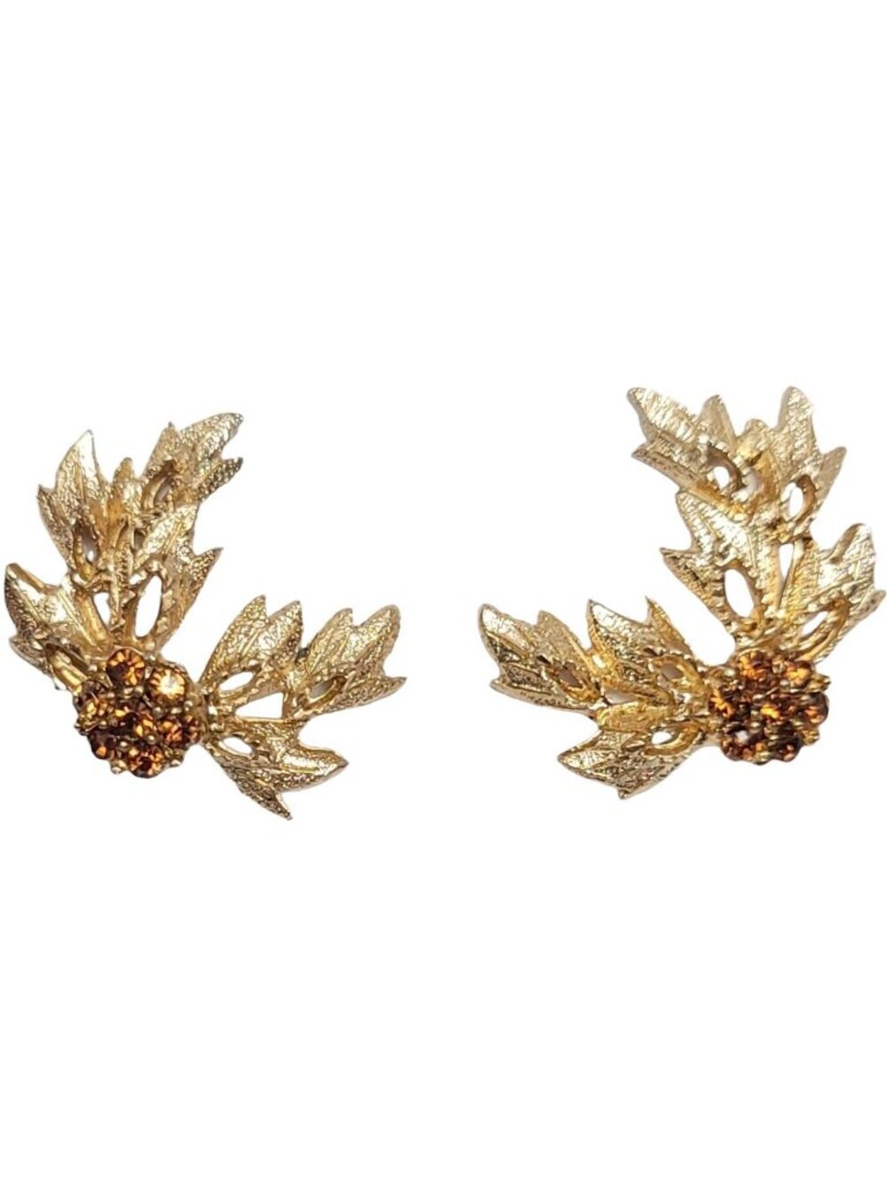 Bergere Gold Tone Topaz Rhinestone Brutalist Style Leaf Clip-On Earrings, Signed